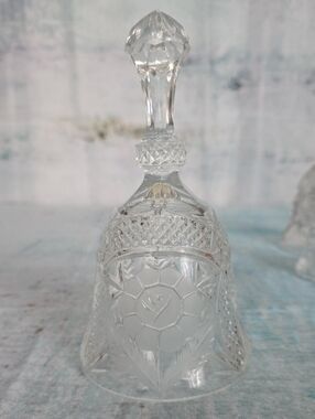 Cut Glass Crystal Bell with Etched Floral Motif - Clear